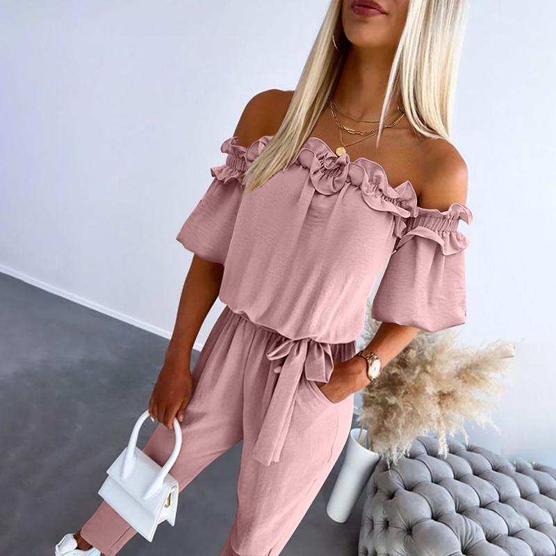 Country Chic Off-Shoulder Frill Tie Waist Jumpsuit For Women | Selene