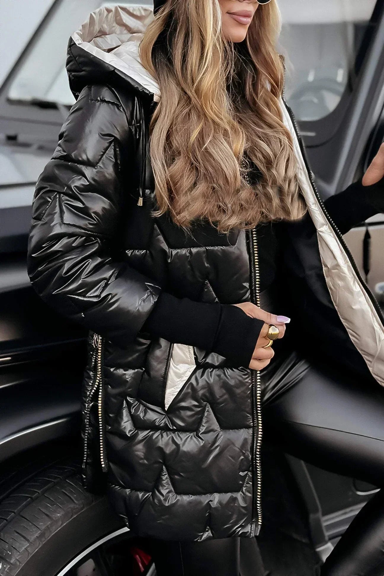 Quartz Hooded Quilted Long Coat for Women | Celeste