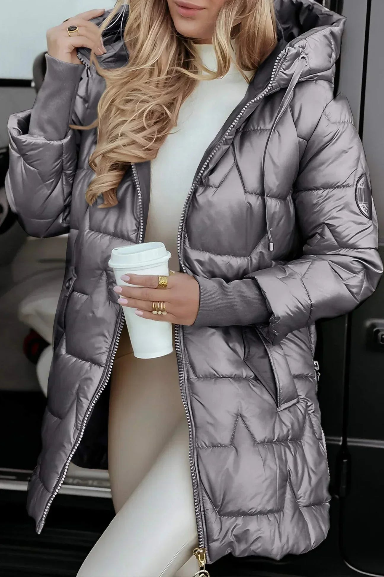 Quartz Hooded Quilted Long Coat for Women | Celeste