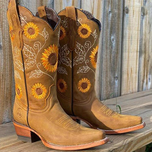 Merino Embroidered cowboy boots with sunflower detail for women | Samantha