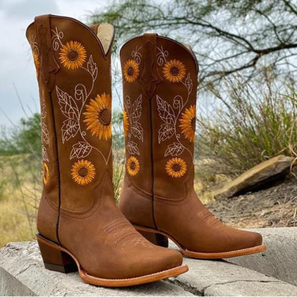 Merino Embroidered cowboy boots with sunflower detail for women | Samantha