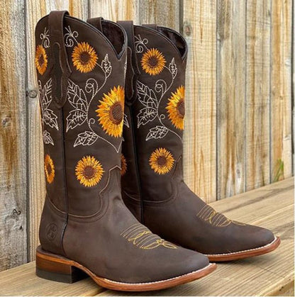 Merino Embroidered cowboy boots with sunflower detail for women | Samantha