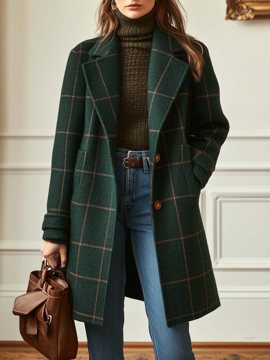 Pensive Checkered Notch Lapel Coat For Women | Elowyn