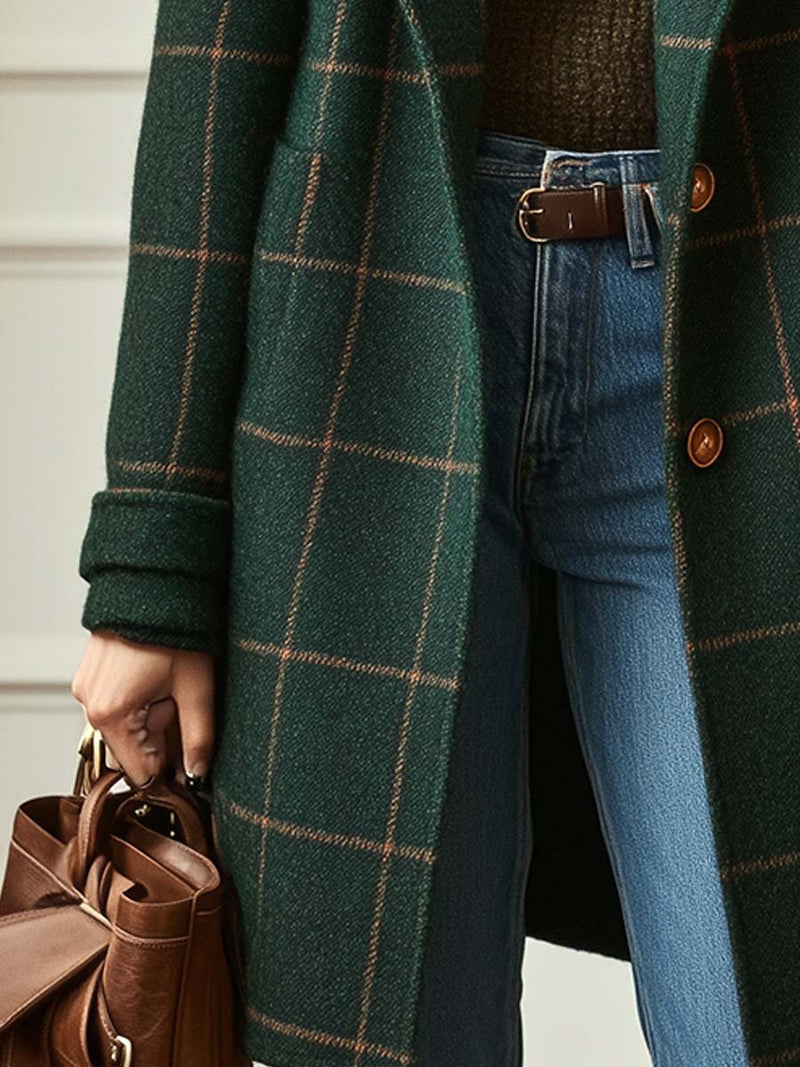 Cosmopolitan Checked Lapel Long Coat For Women | Rosalind