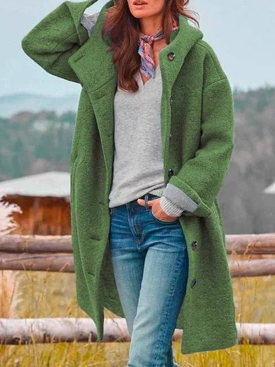 Stimulating Hooded Button Front Long Coat For Women | Linnea