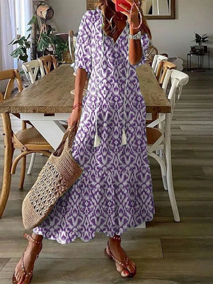 Festive Boho vintage V-neck summer dress for women | Sophia