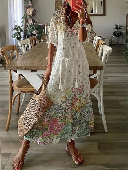 Festive Boho vintage V-neck summer dress for women | Sophia